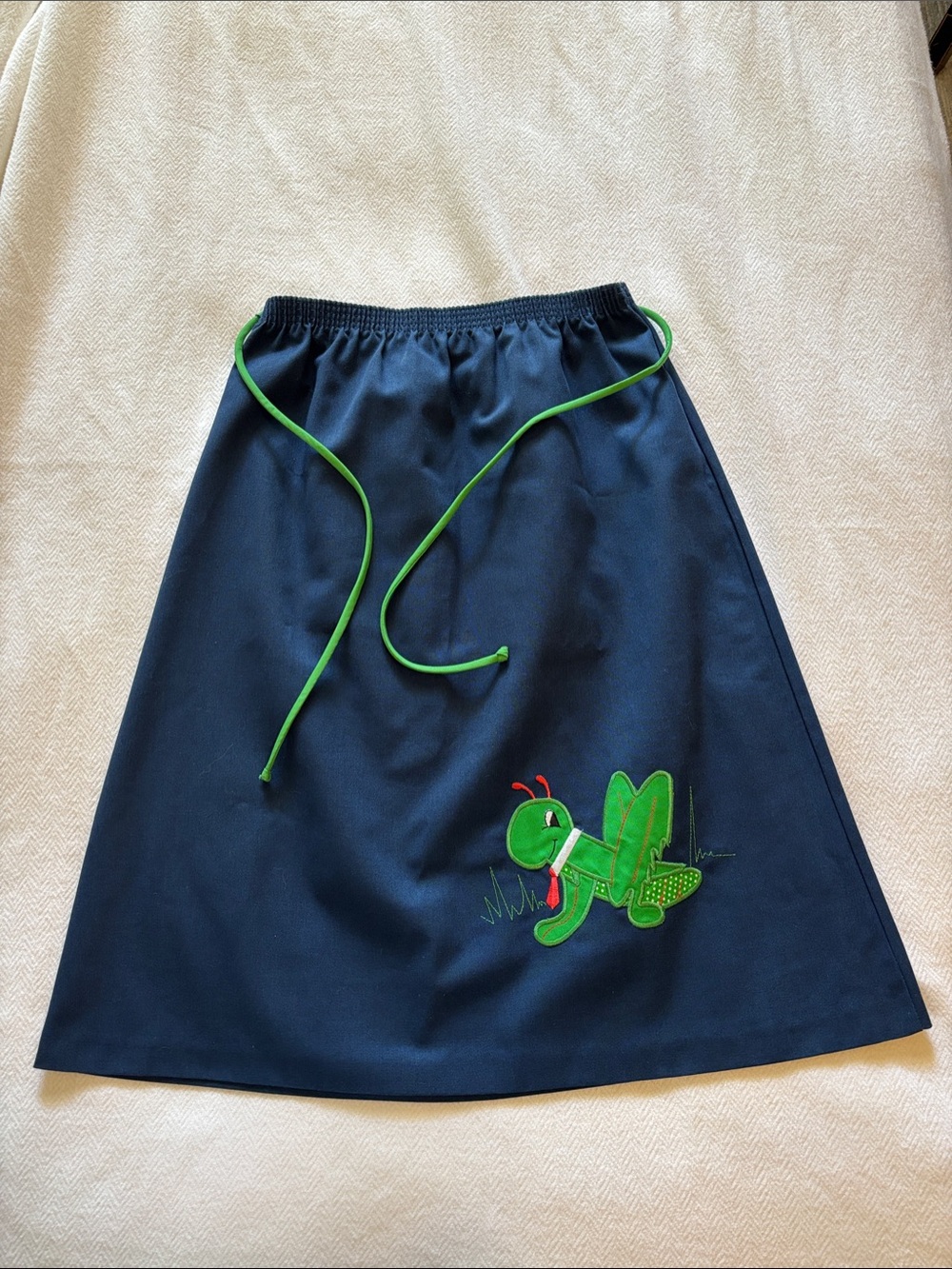 Vintage Navy A-Line Skirt with Bright Green Grasshopper Detail